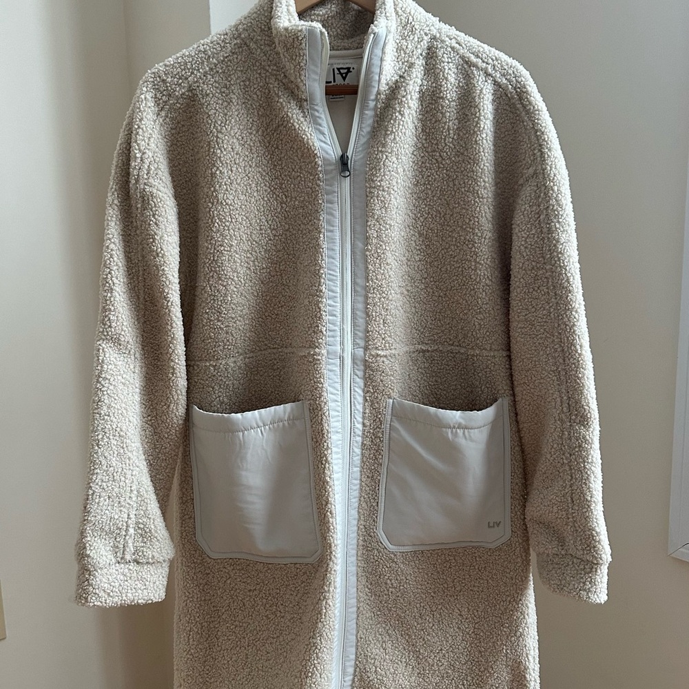 LIV Beige Sherpa Coat with White Accents